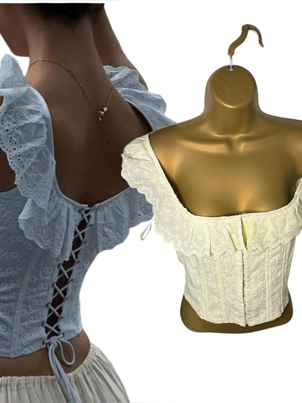 SHEIN Eyelet Embroidered Corset Blouse Lace Up Ruffle Cream M